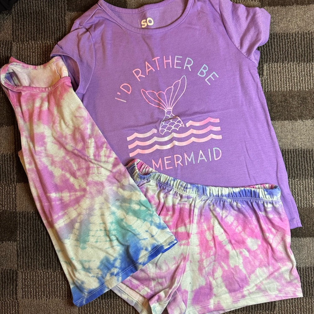 SO Kids Mermaid Pajama Set - Purple and Tie-Dye size 10/12